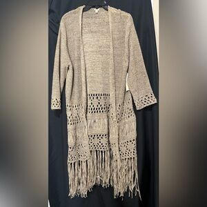 Reba Beige Open-Front Cardigan with Fringe